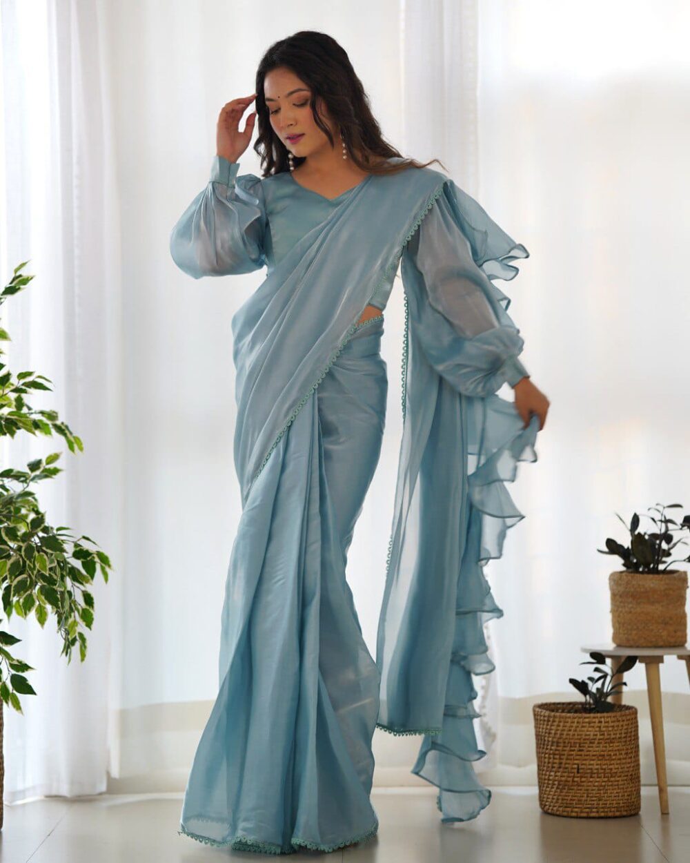 Blue Organza Saree-stylistswear