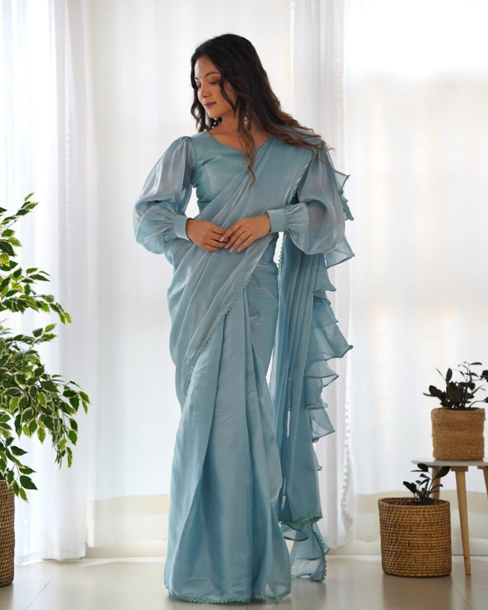 Blue Organza Saree-stylistswear